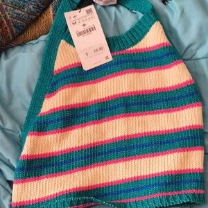 Striped Knit Halter Sweater Top in Cream, Teal & Pink